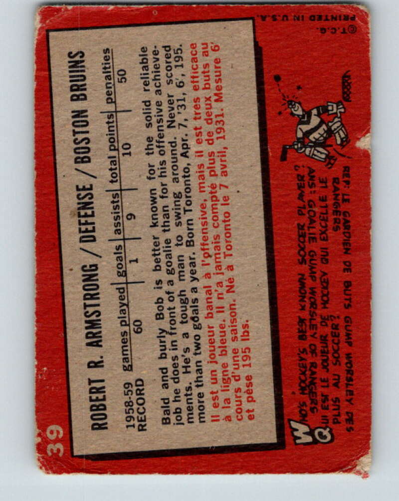 1959-60 Topps #39 Bob Armstrong Boston Bruins V358