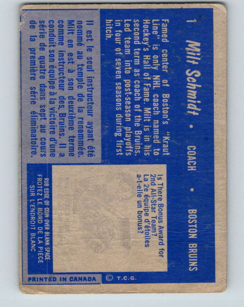 1963-64 Topps #1 Milt Schmidt CO Boston Bruins V374