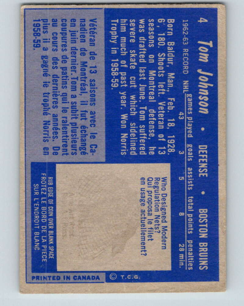 1963-64 Topps #4 Tom Johnson Boston Bruins V376