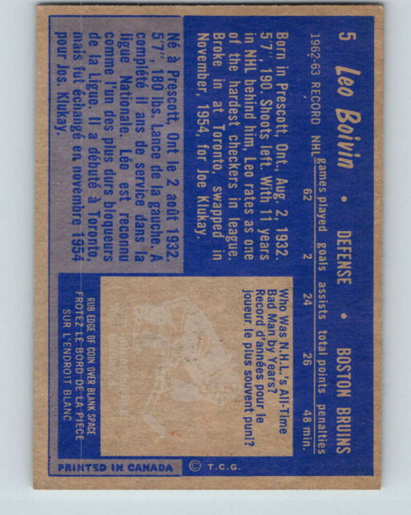1963-64 Topps #5 Leo Boivin Boston Bruins V378