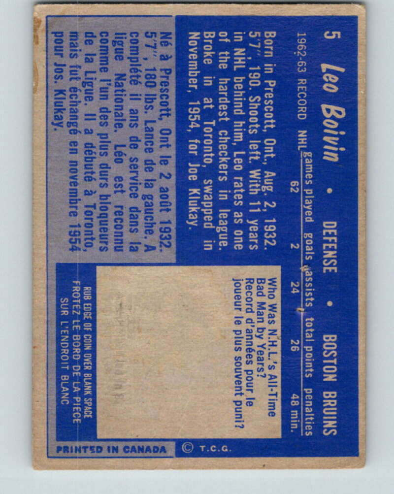 1963-64 Topps #5 Leo Boivin Boston Bruins V380