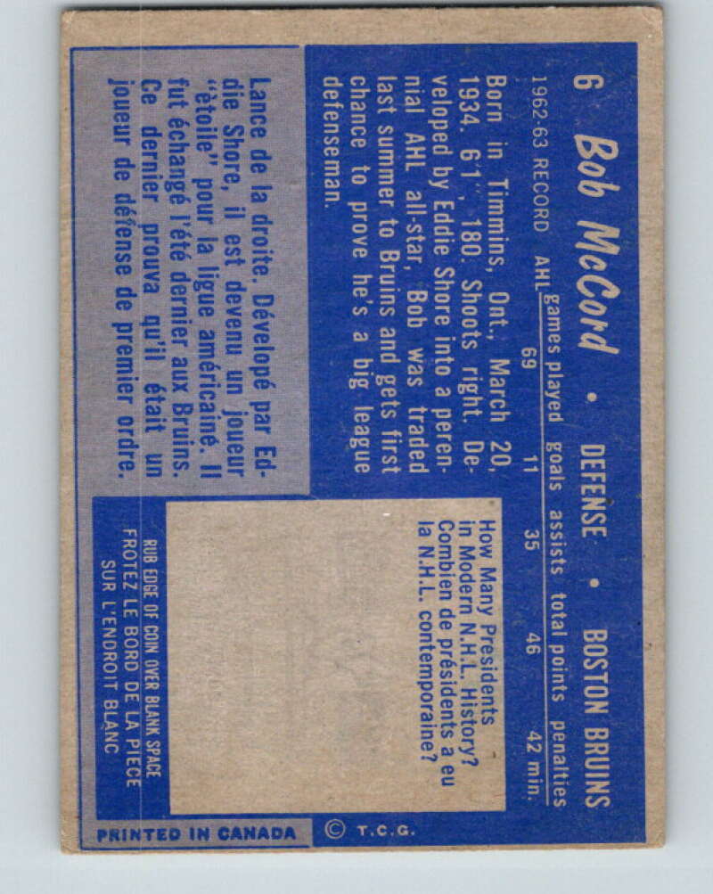 1963-64 Topps #6 Bob McCord RC Rookie Boston Bruins V381
