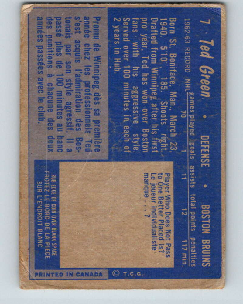 1963-64 Topps #7 Ted Green Boston Bruins V382