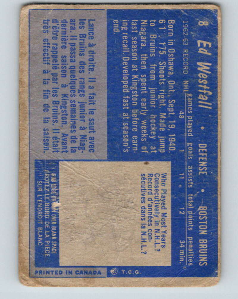 1963-64 Topps #8 Ed Westfall RC Rookie Boston Bruins V383