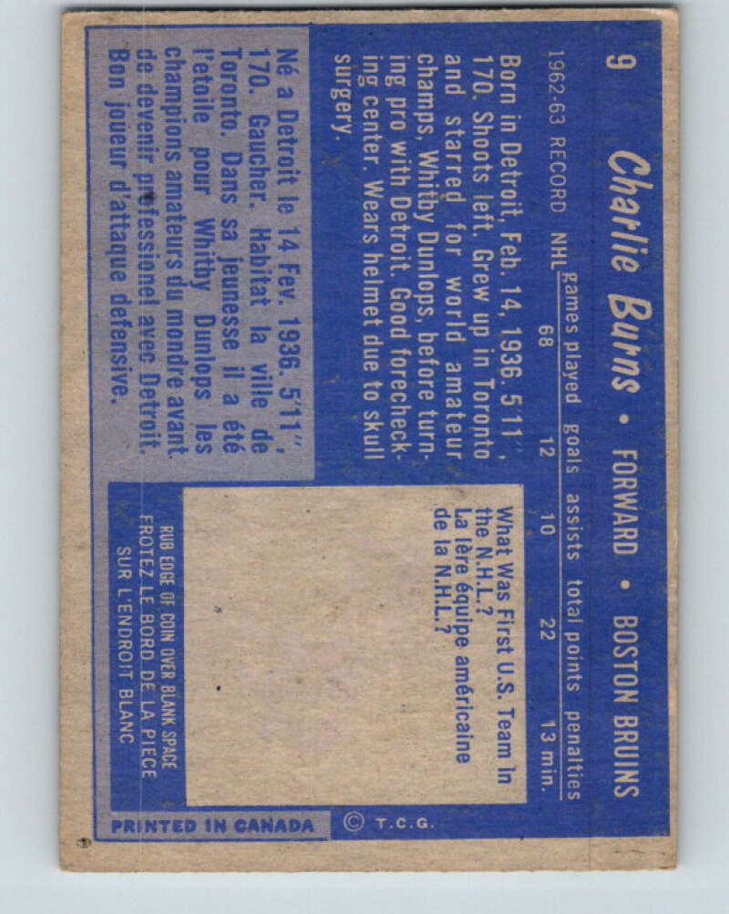 1963-64 Topps #9 Charlie Burns Boston Bruins V384