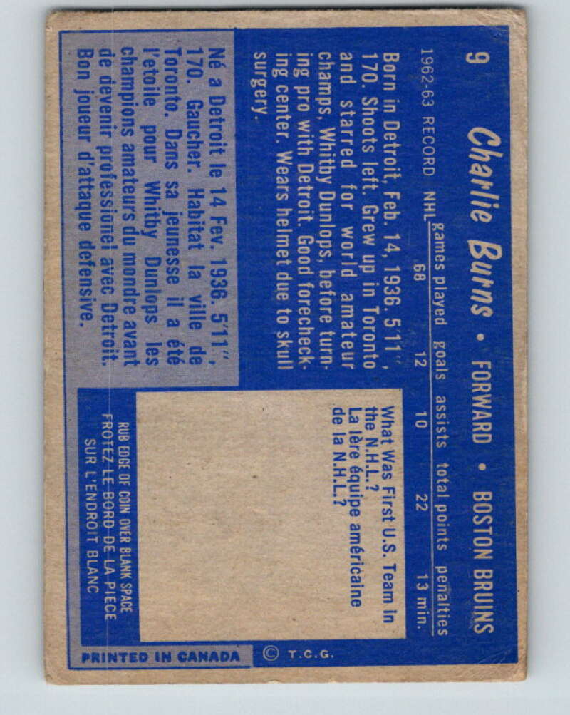 1963-64 Topps #9 Charlie Burns Boston Bruins V385