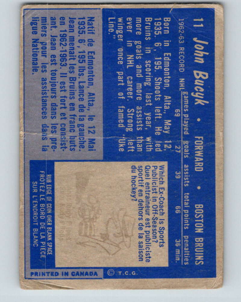 1963-64 Topps #11 Johnny Bucyk Boston Bruins V388