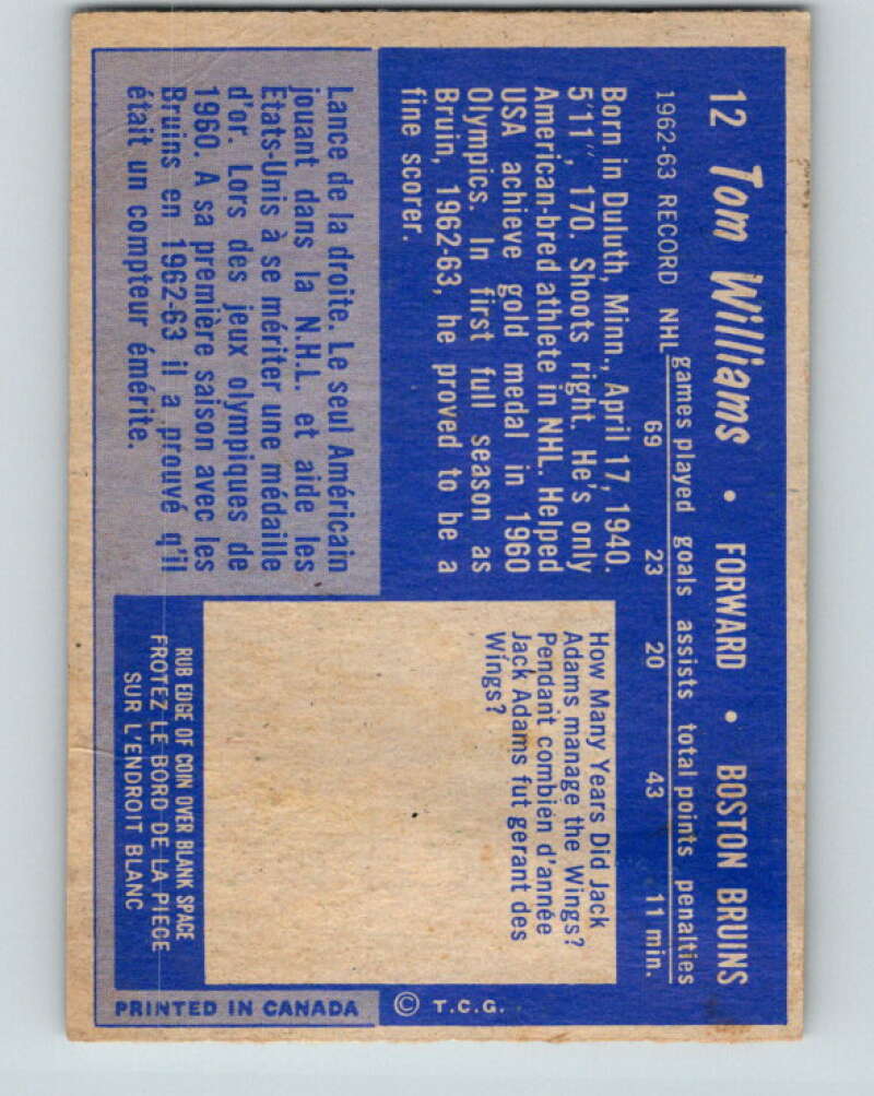1963-64 Topps #12 Tom Williams Boston Bruins V389
