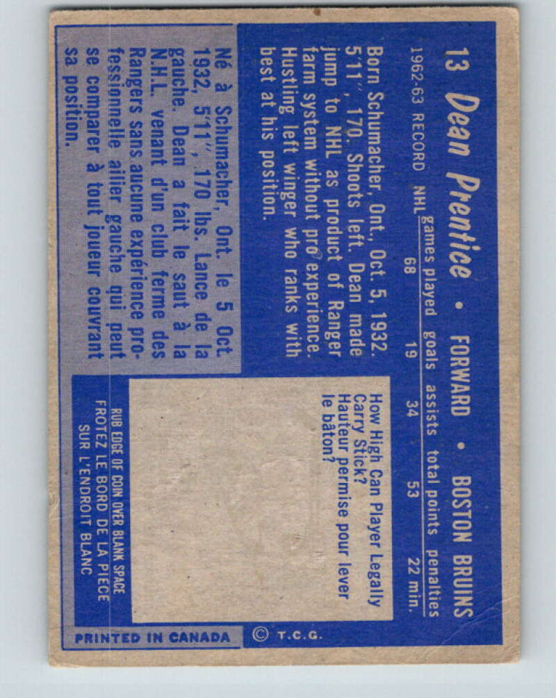 1963-64 Topps #13 Dean Prentice Boston Bruins V390