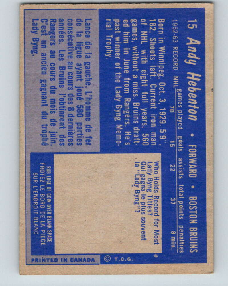 1963-64 Topps #15 Andy Hebenton Boston Bruins V393