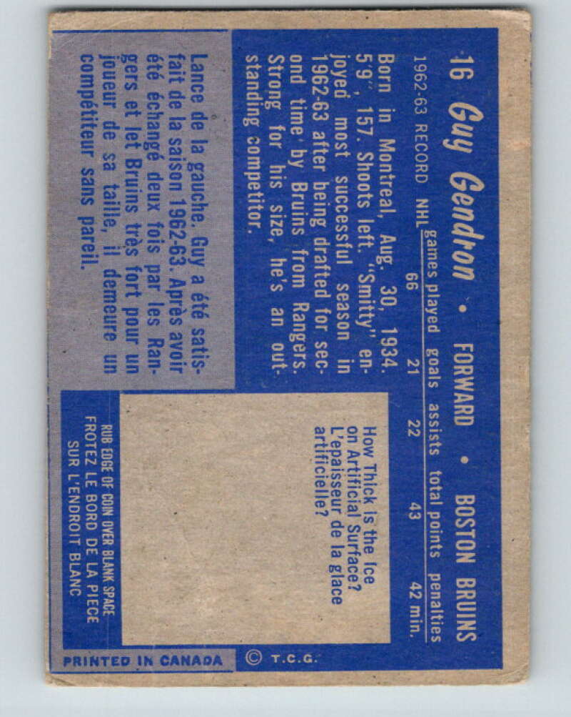 1963-64 Topps #16 Jean-Guy Gendron Boston Bruins V394
