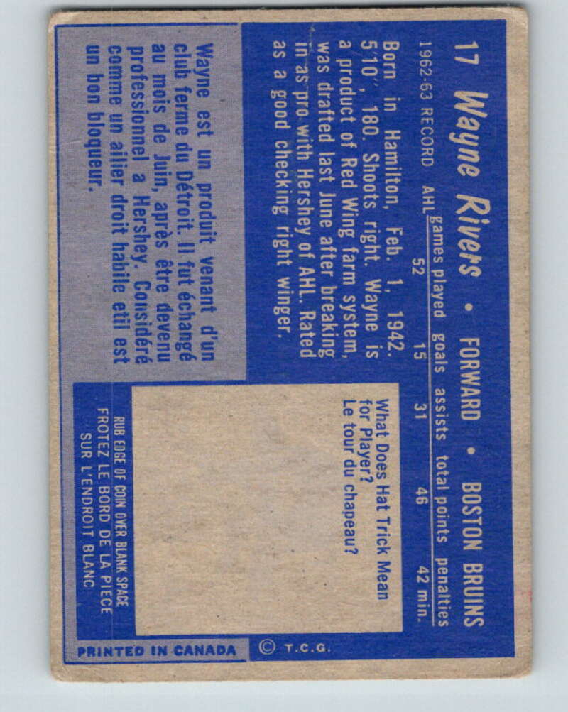 1963-64 Topps #17 Wayne Rivers RC Rookie Boston Bruins V395