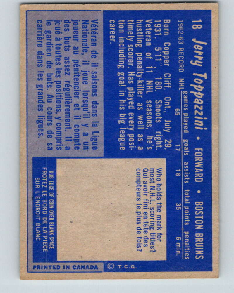 1963-64 Topps #18 Jerry Toppazzini Boston Bruins V396
