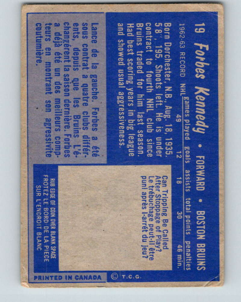 1963-64 Topps #19 Forbes Kennedy Boston Bruins V397
