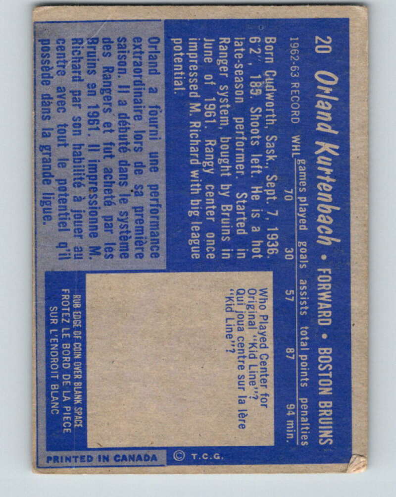 1963-64 Topps #20 Orland Kurtenbach Boston Bruins V399