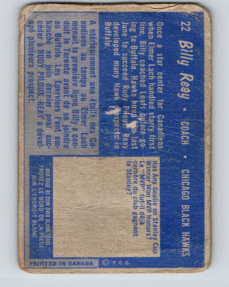 1963-64 Topps #22 Billy Reay CO Chicago Blackhawks V402
