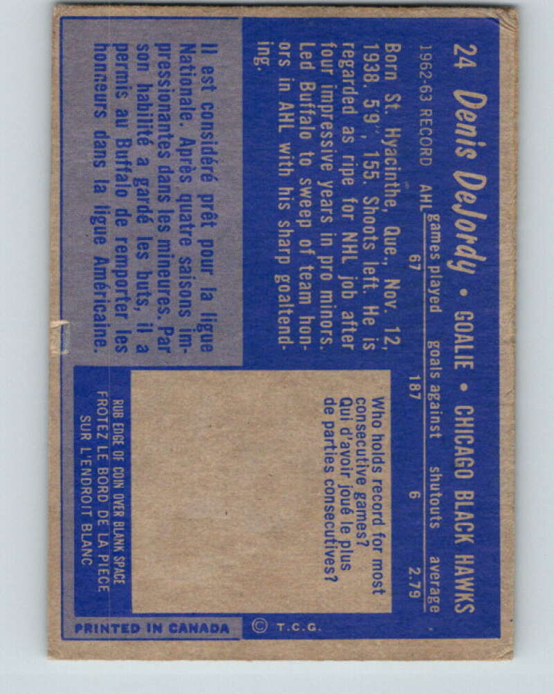 1963-64 Topps #24 Denis DeJordy Chicago Blackhawks V403
