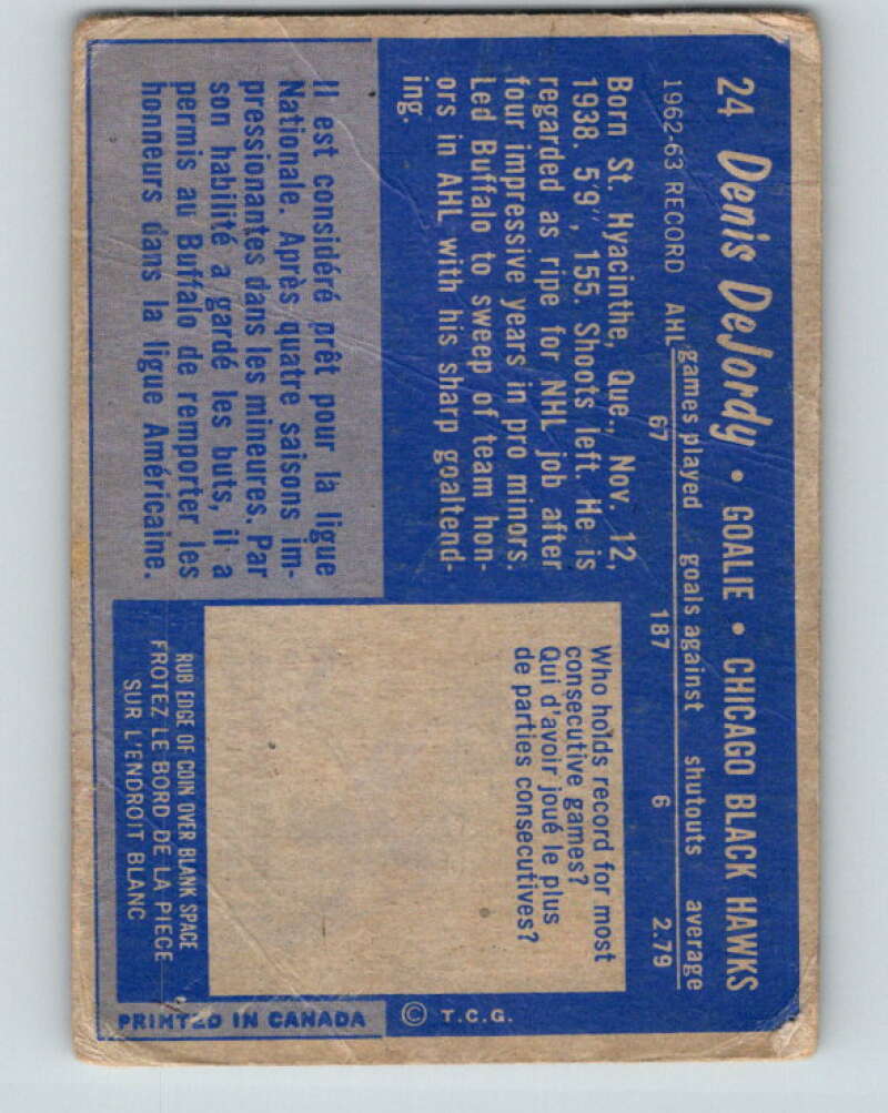 1963-64 Topps #24 Denis DeJordy Chicago Blackhawks V404
