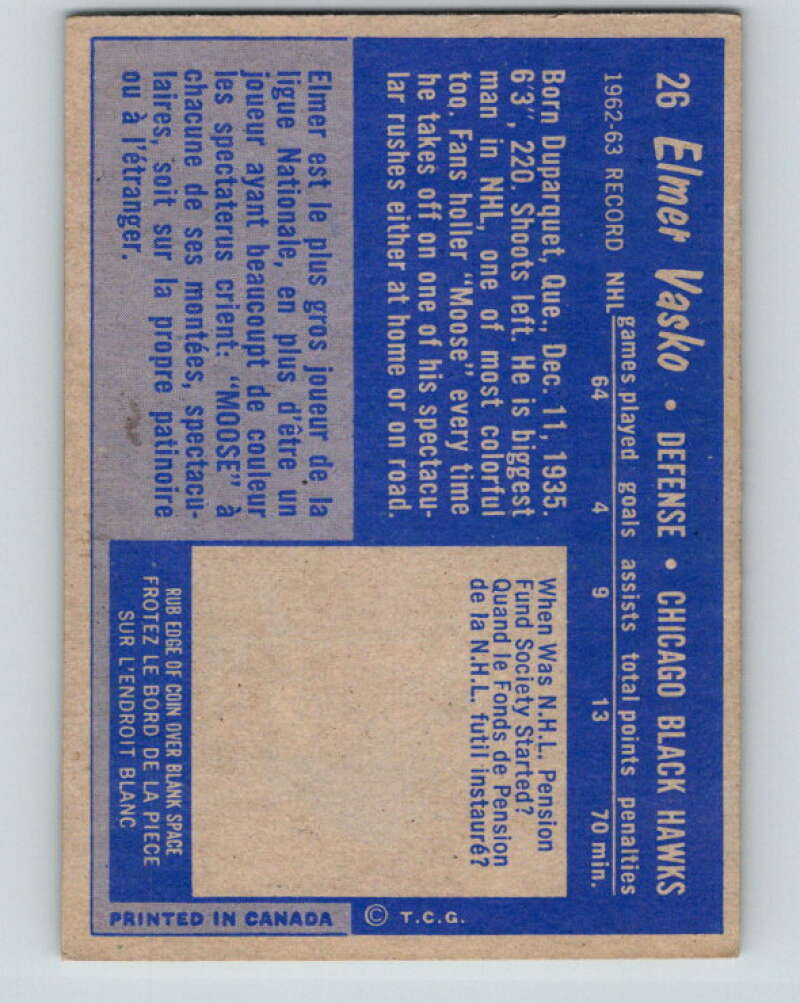 1963-64 Topps #26 Elmer Vasko Chicago Blackhawks V406