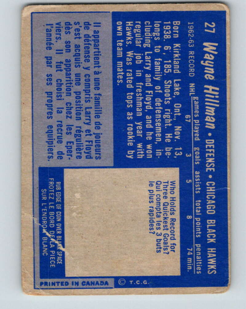 1963-64 Topps #27 Wayne Hillman Chicago Blackhawks V407