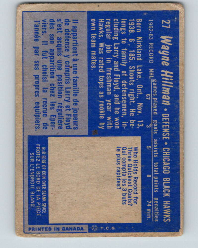 1963-64 Topps #27 Wayne Hillman Chicago Blackhawks V408