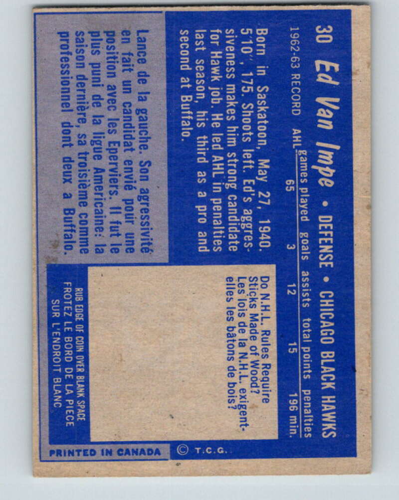 1963-64 Topps #30 Ed Van Impe RC Rookie Chicago Blackhawks V411
