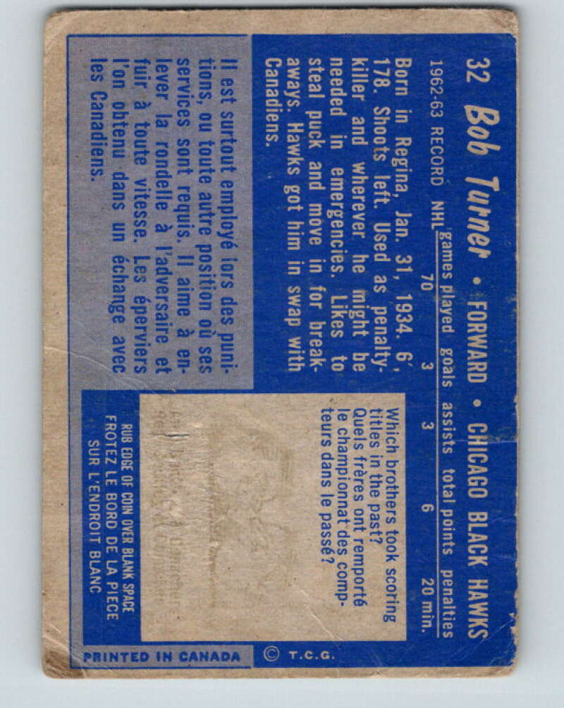 1963-64 Topps #32 Bob Turner Chicago Blackhawks V414