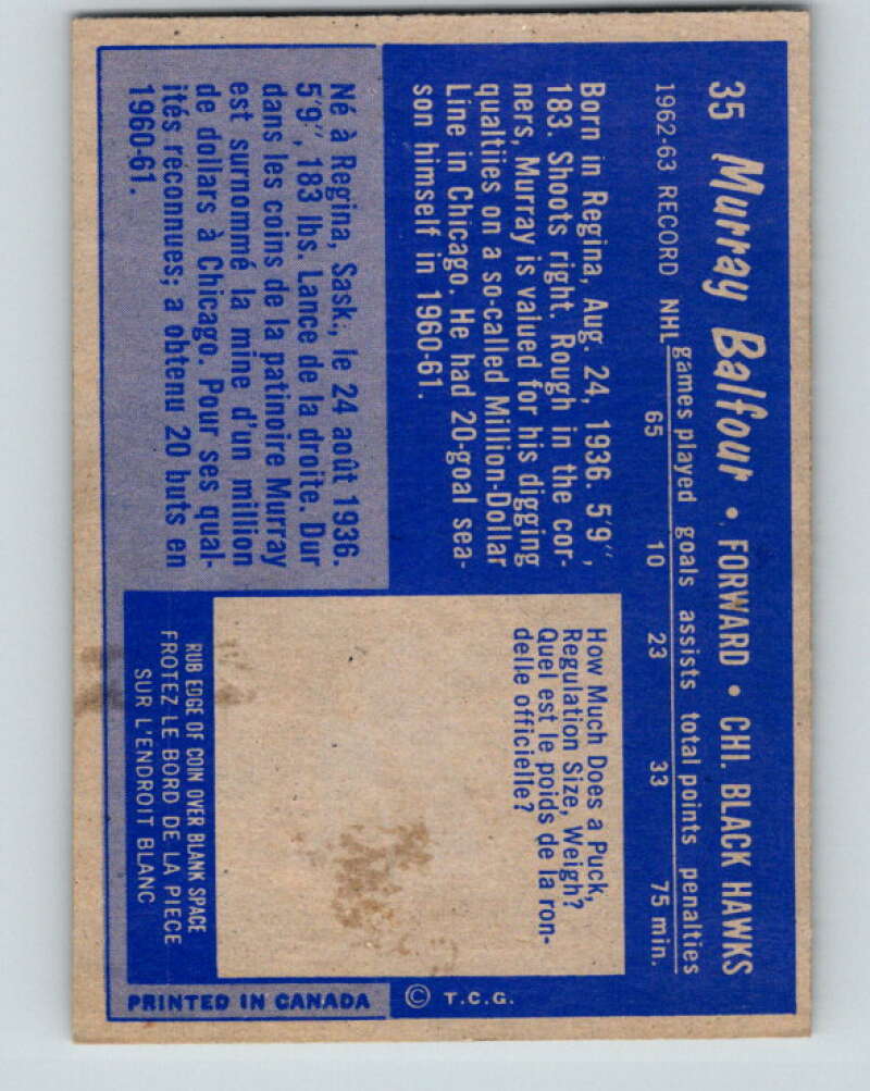 1963-64 Topps #35 Murray Balfour Chicago Blackhawks V418