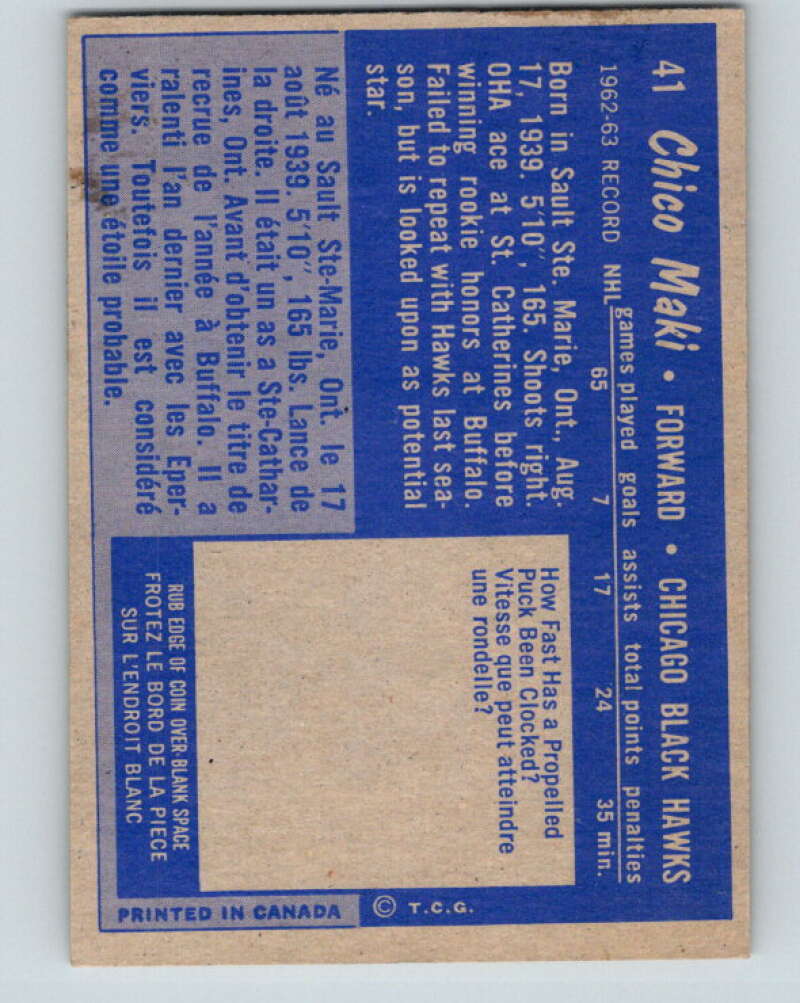 1963-64 Topps #41 Chico Maki Chicago Blackhawks V425