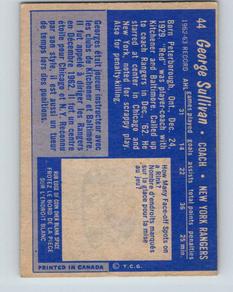 1963-64 Topps #44 Red Sullivan New York Rangers V428