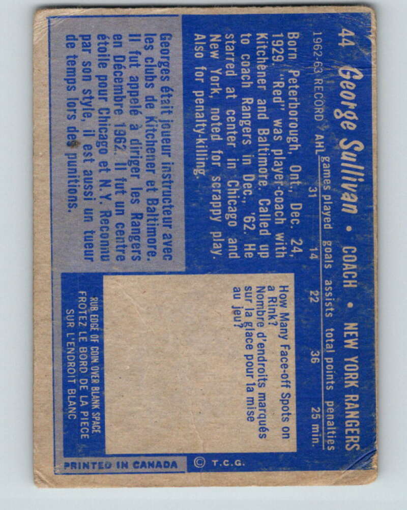 1963-64 Topps #44 Red Sullivan New York Rangers V429