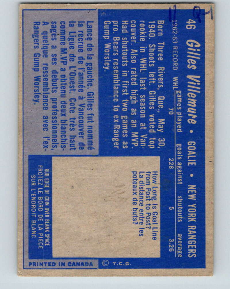 1963-64 Topps #46 Gilles Villemure RC Rookie New York Rangers V430