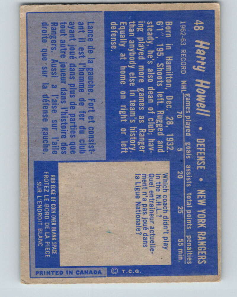 1963-64 Topps #48 Harry Howell New York Rangers V432