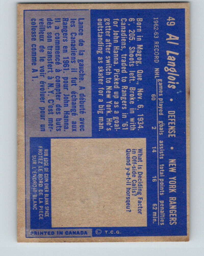 1963-64 Topps #49 Albert Langlois New York Rangers V433