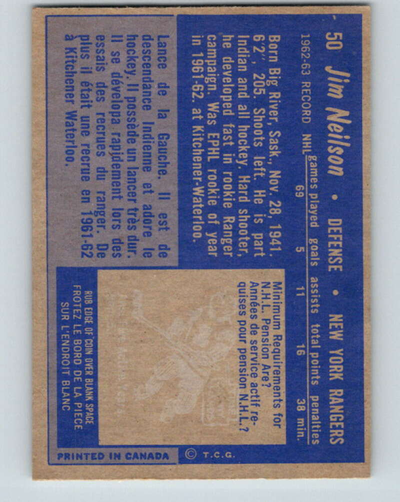 1963-64 Topps #50 Jim Neilson New York Rangers V434
