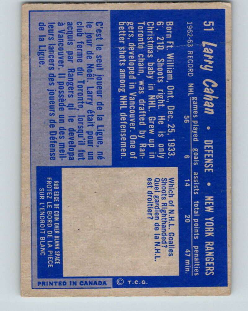 1963-64 Topps #51 Larry Cahan New York Rangers V446