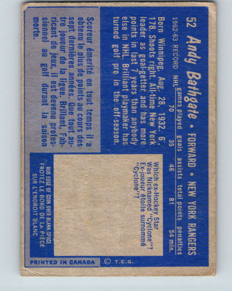 1963-64 Topps #52 Andy Bathgate New York Rangers V447