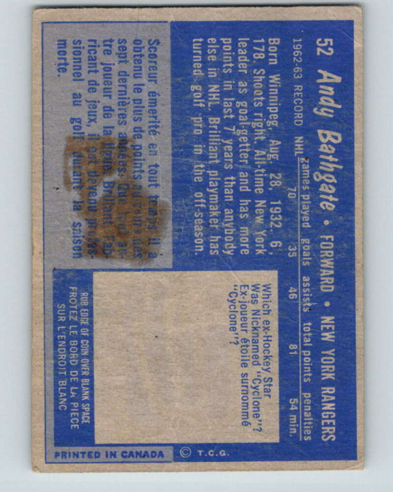 1963-64 Topps #52 Andy Bathgate New York Rangers V448