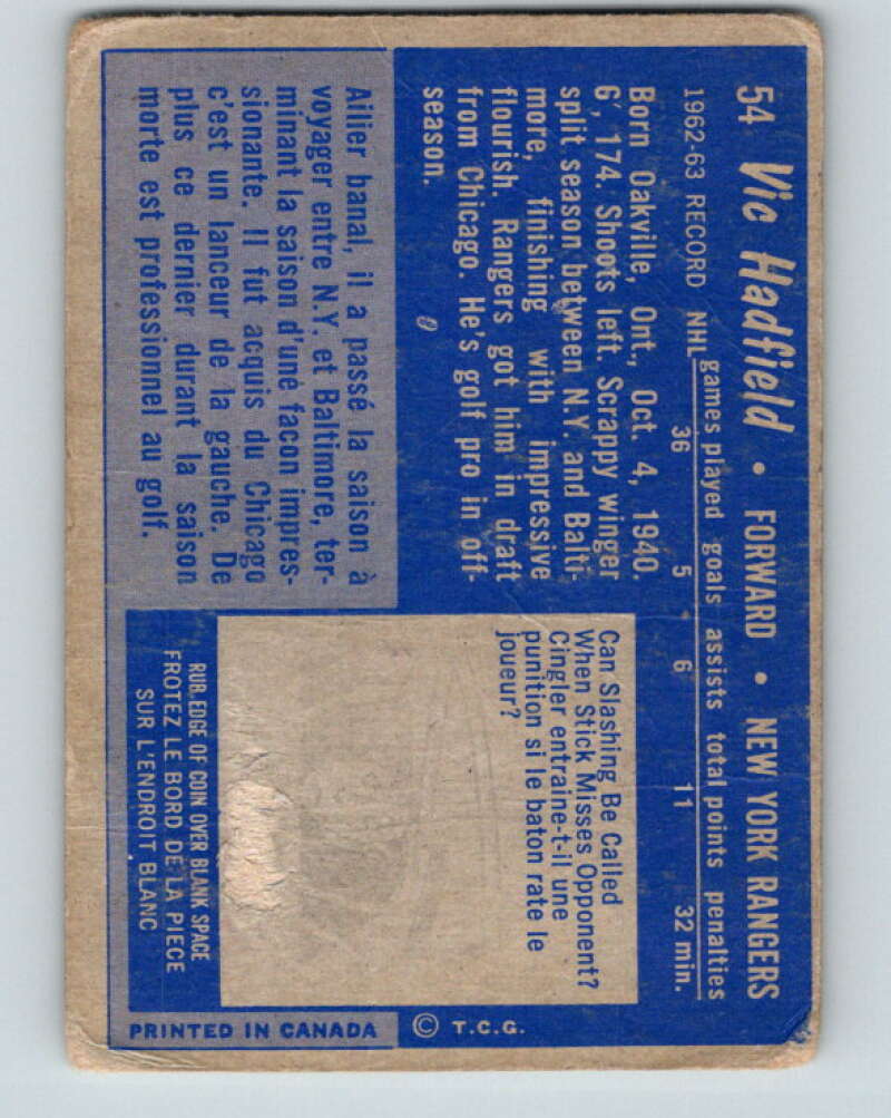 1963-64 Topps #54 Vic Hadfield New York Rangers V451