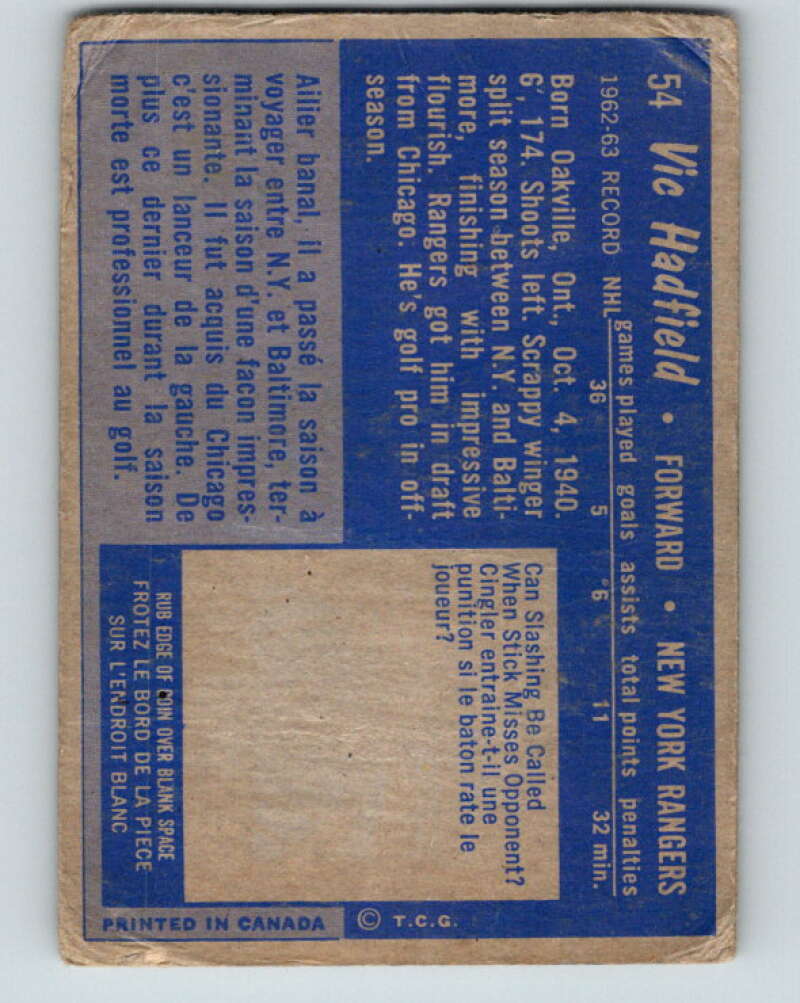 1963-64 Topps #54 Vic Hadfield New York Rangers V452