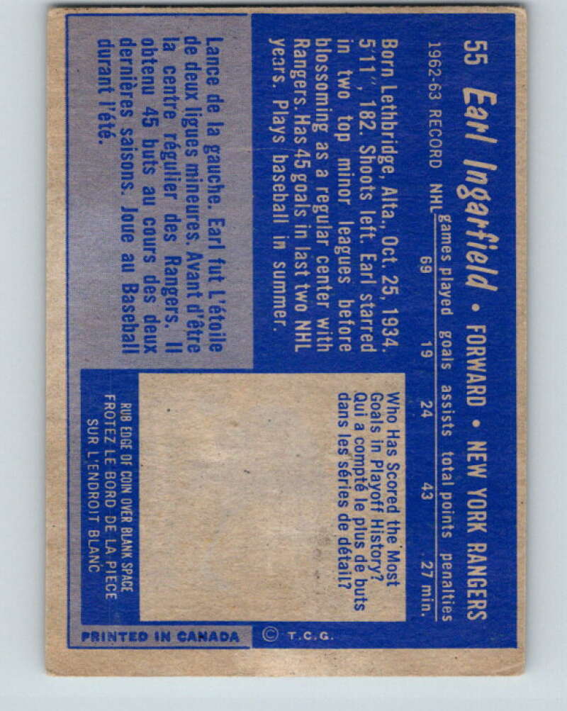 1963-64 Topps #55 Earl Ingarfield New York Rangers V453