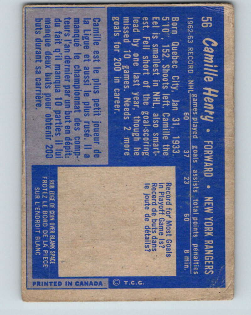 1963-64 Topps #56 Camille Henry New York Rangers V454