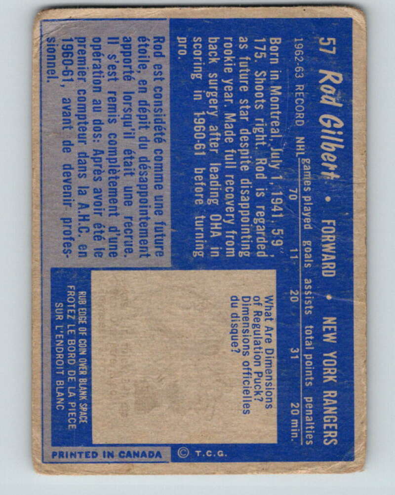 1963-64 Topps #57 Rod Gilbert New York Rangers V456