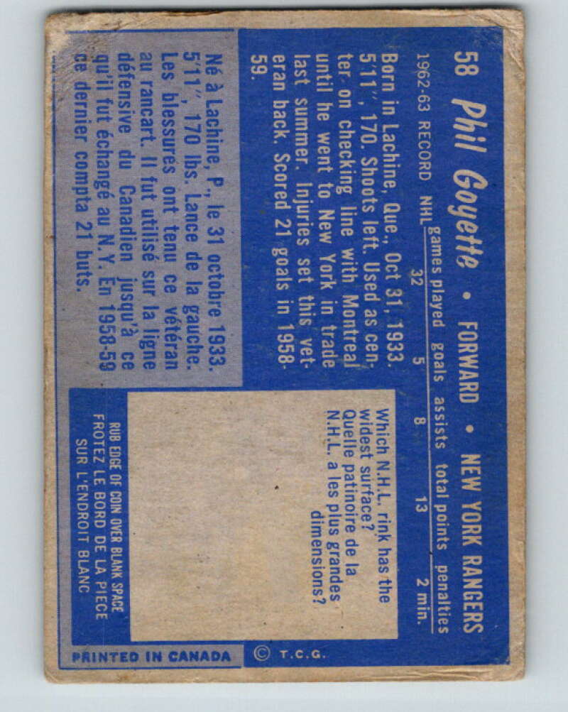 1963-64 Topps #58 Phil Goyette New York Rangers V457