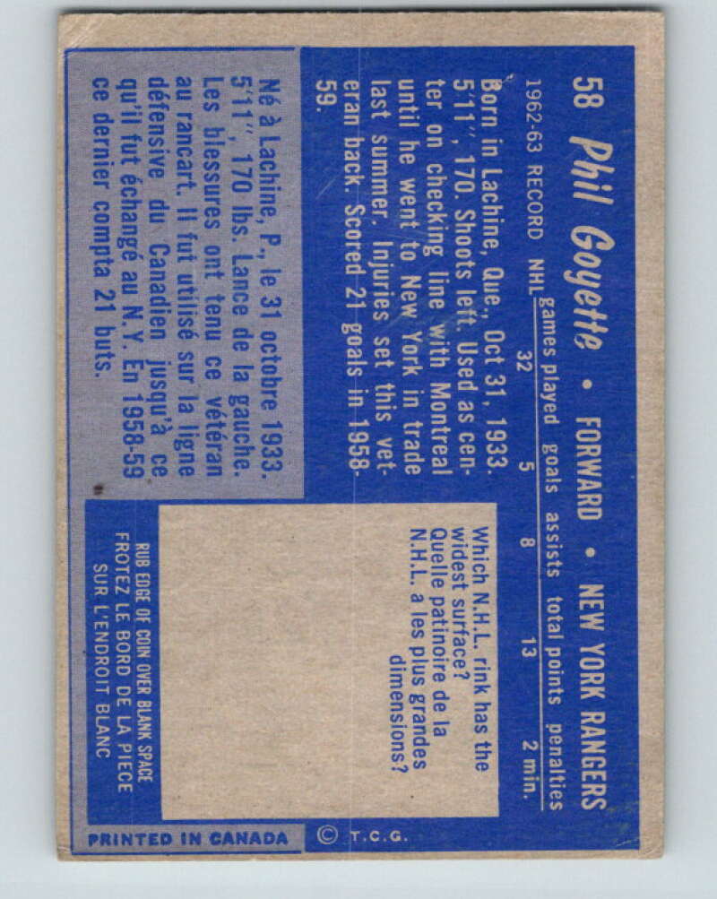 1963-64 Topps #58 Phil Goyette New York Rangers V458