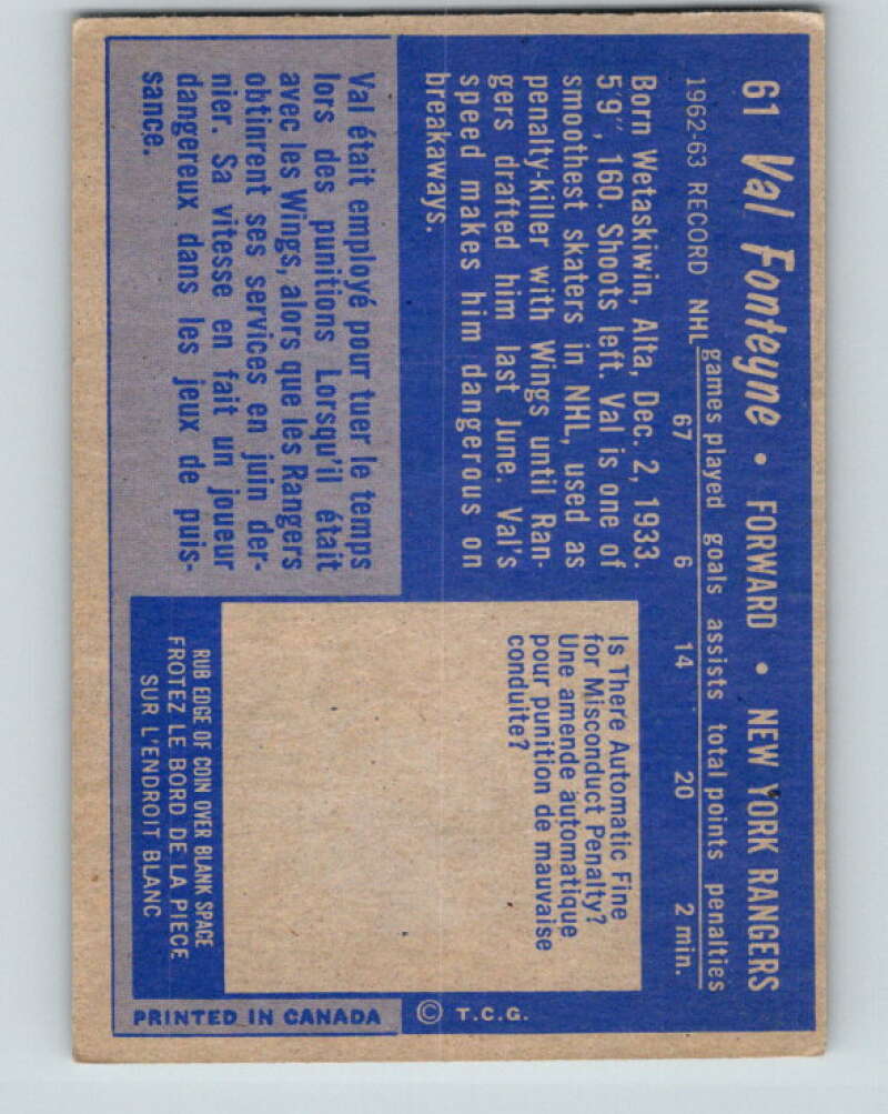 1963-64 Topps #61 Val Fonteyne New York Rangers V461