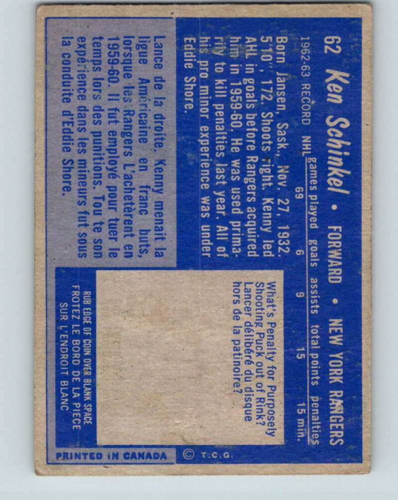 1963-64 Topps #62 Ken Schinkel New York Rangers V462