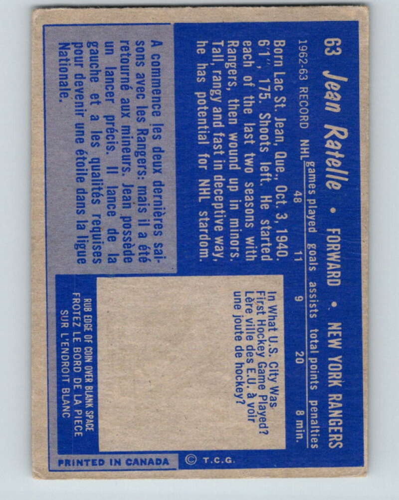 1963-64 Topps #63 Jean Ratelle New York Rangers V463