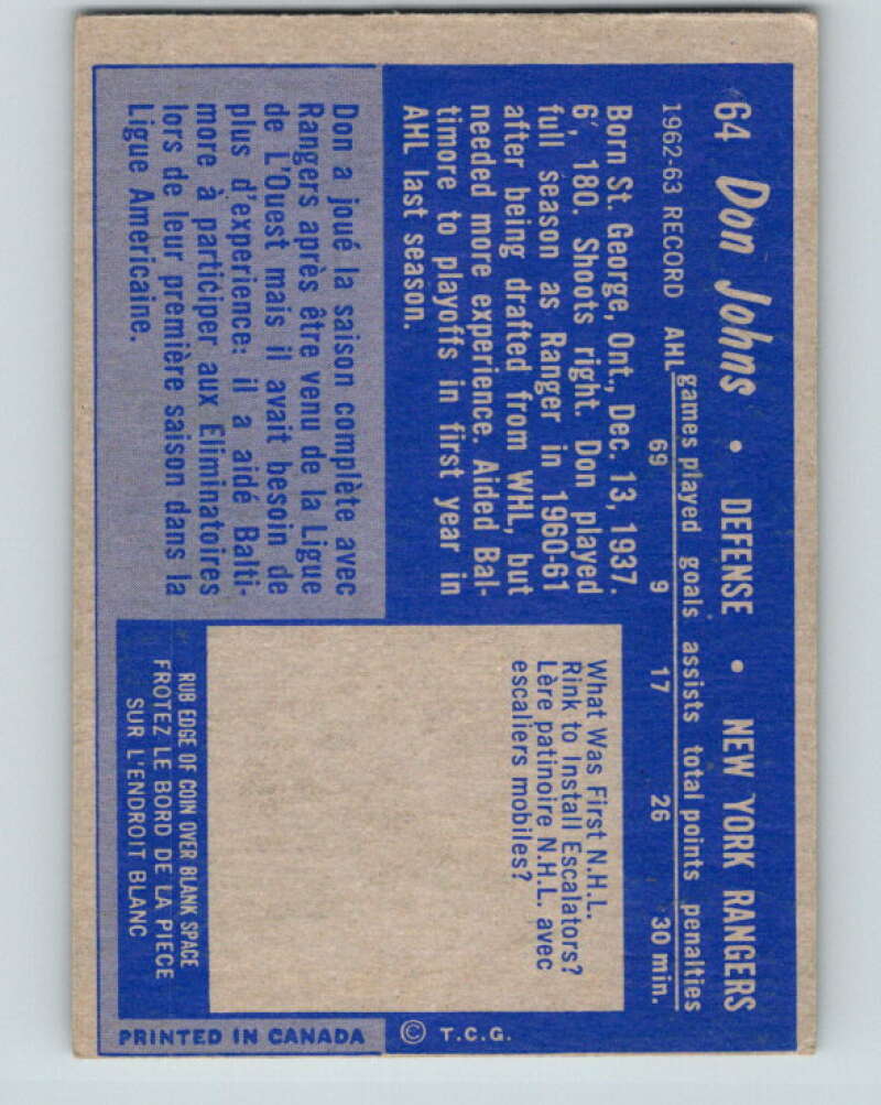 1963-64 Topps #64 Don Johns RC Rookie New York Rangers V464