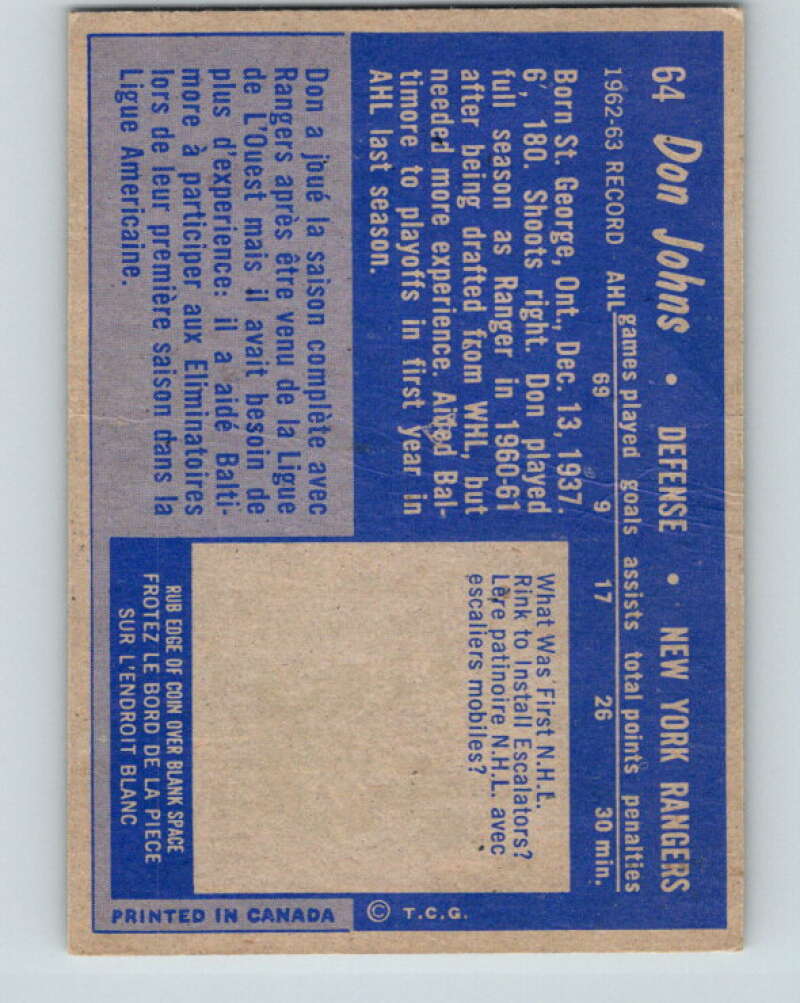 1963-64 Topps #64 Don Johns RC Rookie New York Rangers V465